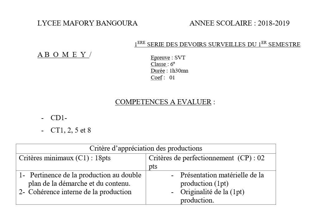 Aperçu de la première page — SVT 6e 1er Devoir 1er Semestre Lycée Mafory Bangoura 2018 2019