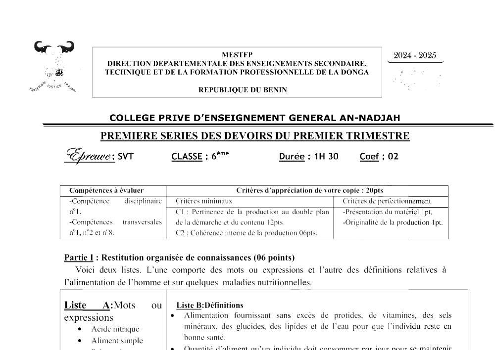 Aperçu de la première page — SVT 6e 1er Devoir 1er Trimestre CPEG An Nadjah Djougou 2024