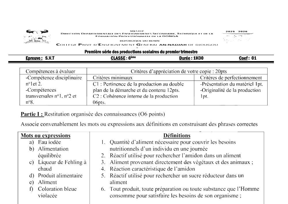 Aperçu de la première page — SVT 6e 1er Devoir 1er Trimestre CPEG An Nadjah Djougou 2025