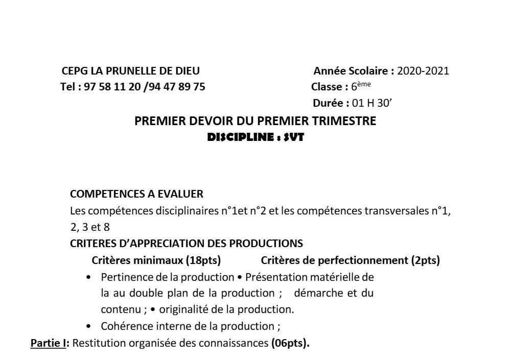 Aperçu de la première page — SVT 6e 1er Devoir 1er Trimestre CPEG La Prunelle de Dieu 2020 2021