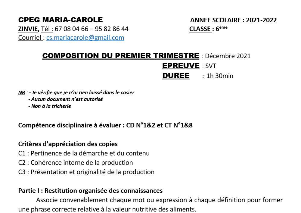Aperçu de la première page — SVT 6e 1er Devoir 1er Trimestre CPEG Maria Carole 2021 2022