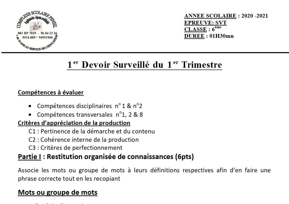 Aperçu de la première page — SVT 6e 1er Devoir 1er Trimestre CPEG Peniel 2020 2021