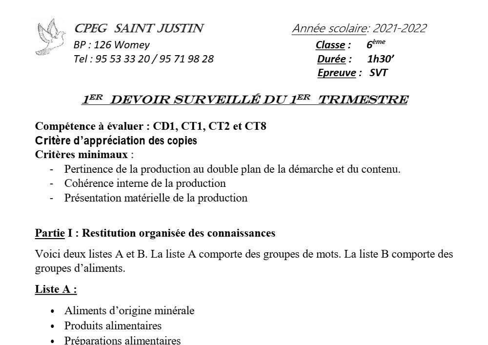 Aperçu de la première page — SVT 6e 1er Devoir 1er Trimestre CPEG Saint Justin 2021 2022 (2)
