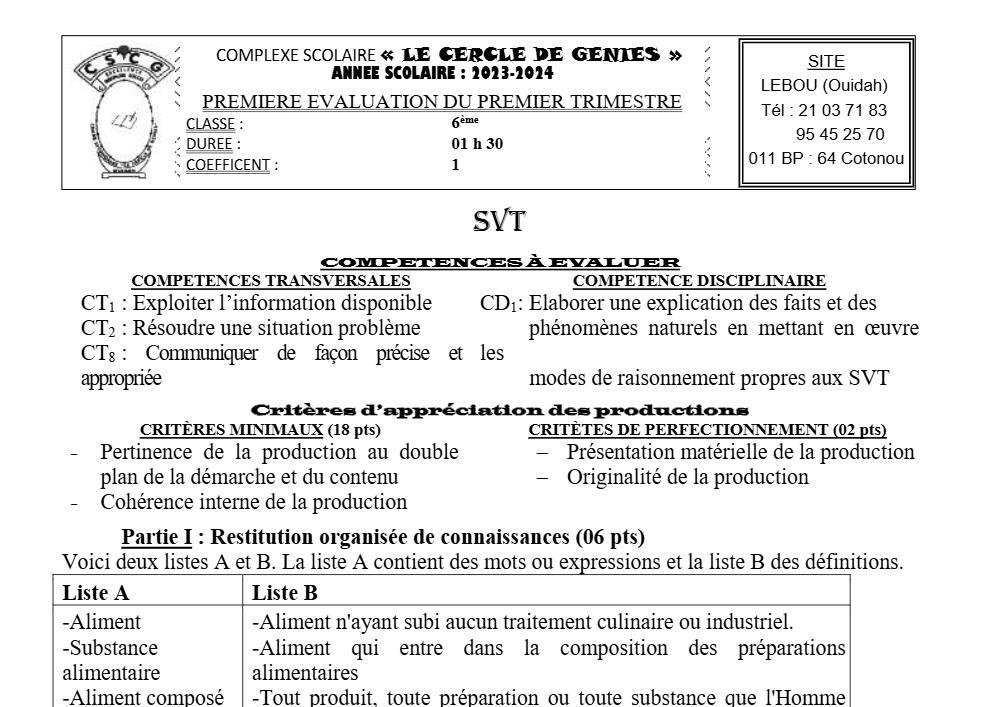 Aperçu de la première page — SVT 6e 1er Devoir 1er Trimestre CP Le Cercle de Genies 2023 2024