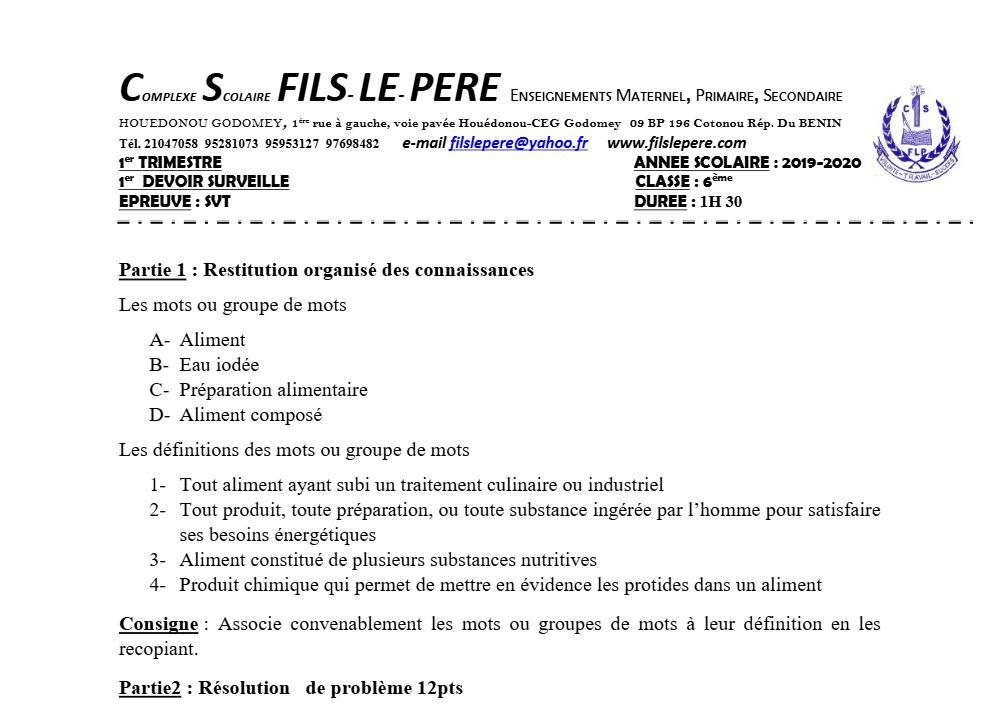 Aperçu de la première page — SVT 6e 1er Devoir 1er Trimestre CS Fils Le Père 2019 2020