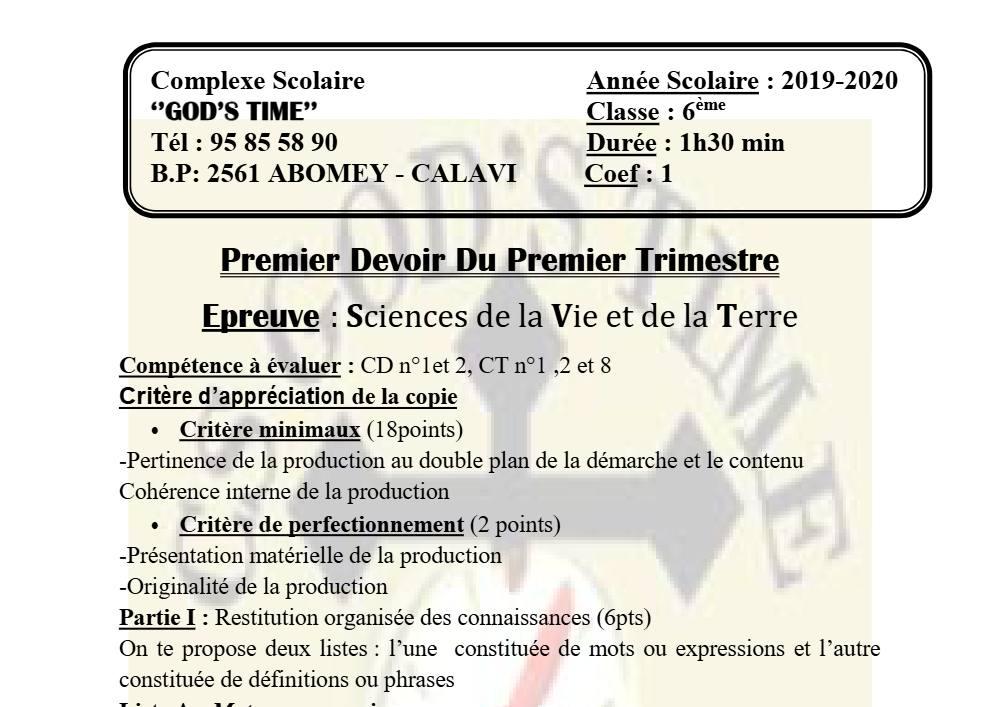 Aperçu de la première page — SVT 6e 1er Devoir 1er Trimestre CS God'S Time 2019 2020