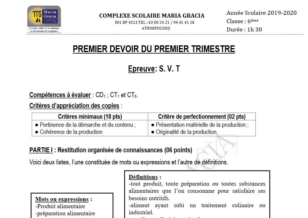 Aperçu de la première page — SVT 6e 1er Devoir 1er Trimestre CS Maria Gracia 2019 2020