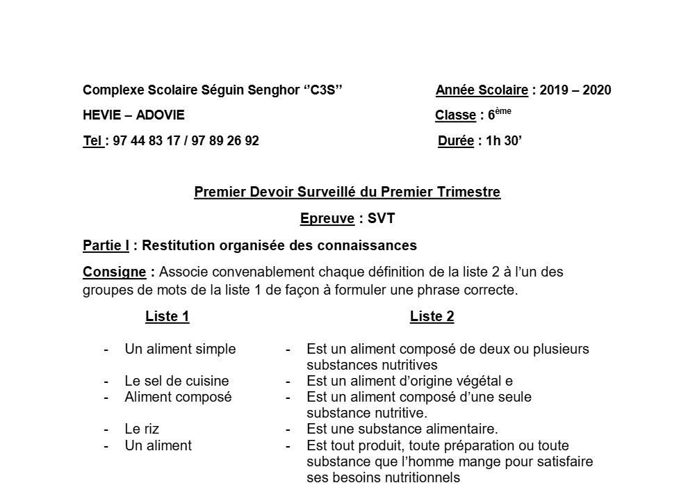 Aperçu de la première page — SVT 6e 1er Devoir 1er Trimestre CS Séguin Senghor 2019 2020
