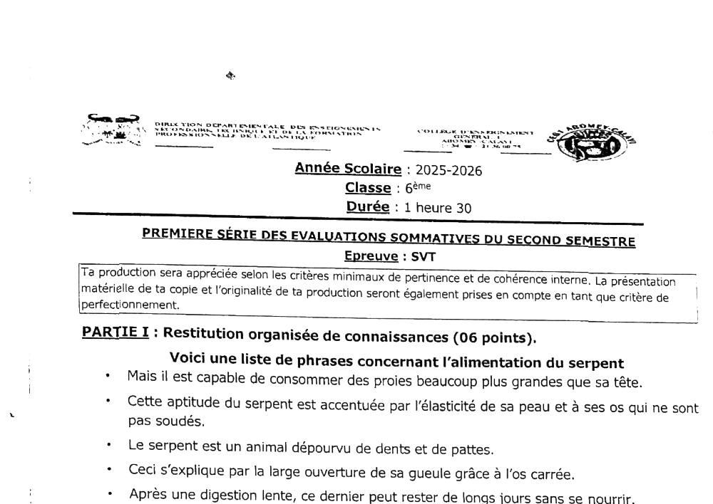 Aperçu de la première page — SVT 6e 1er Devoir 2ème Semestre CEG 1 Abomey Calavi 2025 2026