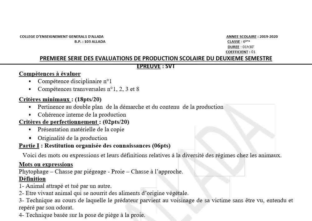 Aperçu de la première page — SVT 6e 1er Devoir 2ème Semestre CEG1 Allada 2019 2020