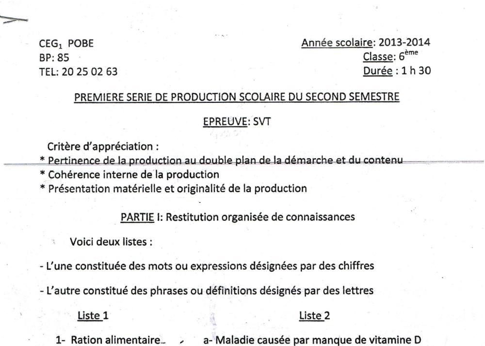 Aperçu de la première page — SVT 6e 1er Devoir 2ème Semestre CEG1 Pobè 2014
