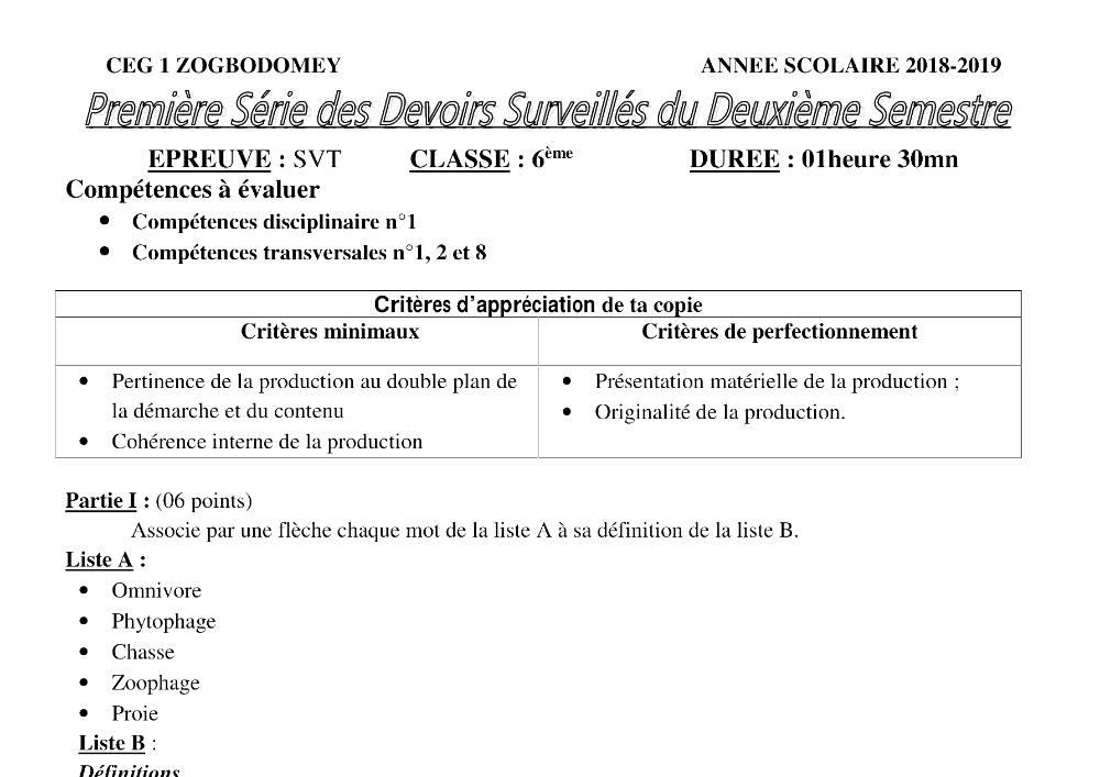 Aperçu de la première page — SVT 6e 1er Devoir 2ème Semestre CEG1 Zogbodomey 2018 2019