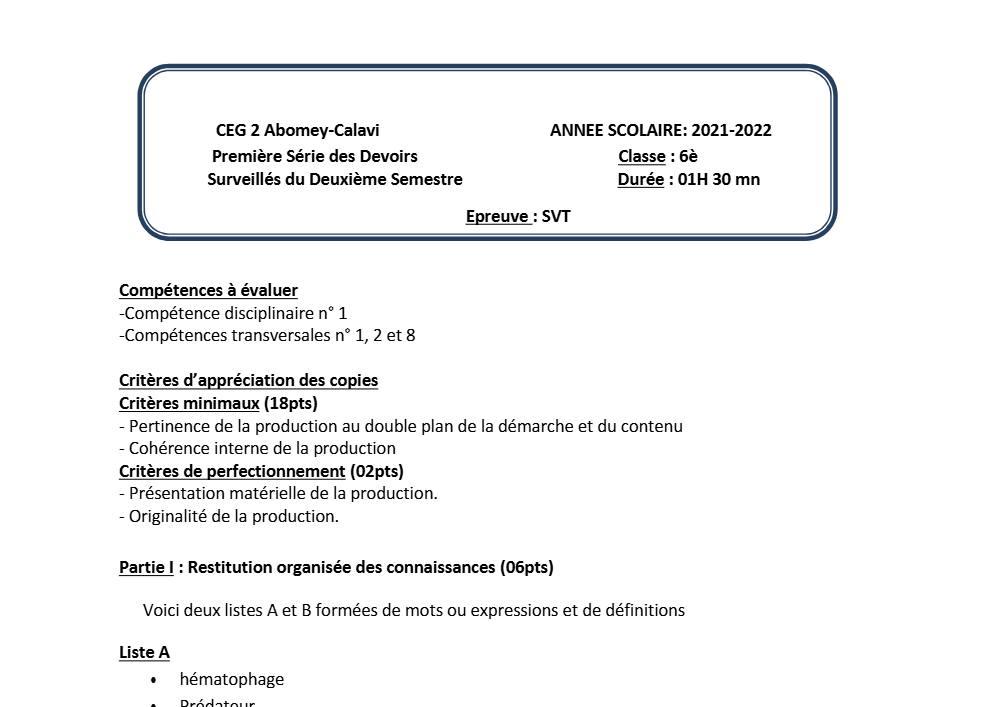 Aperçu de la première page — SVT 6e 1er Devoir 2ème Semestre CEG2 Abomey Calavi 2021 2022