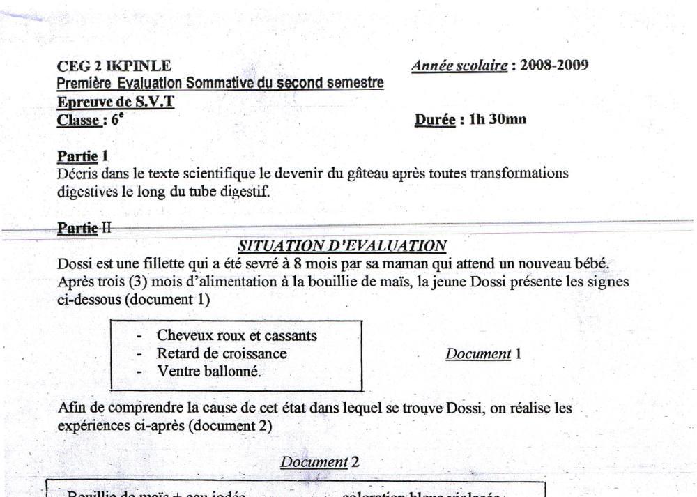 Aperçu de la première page — SVT 6e 1er Devoir 2ème Semestre CEG2 Ikpinlè 2009