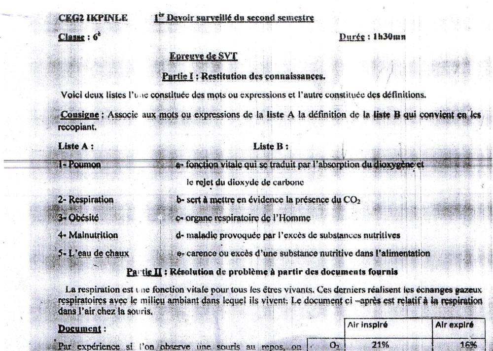 Aperçu de la première page — SVT 6e 1er Devoir 2ème Semestre CEG2 Ikpinlè 2014