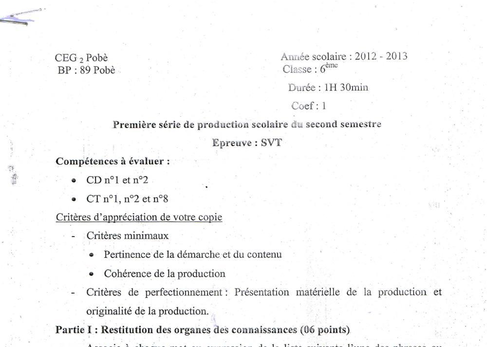 Aperçu de la première page — SVT 6e 1er Devoir 2ème Semestre CEG2 Pobè 2013