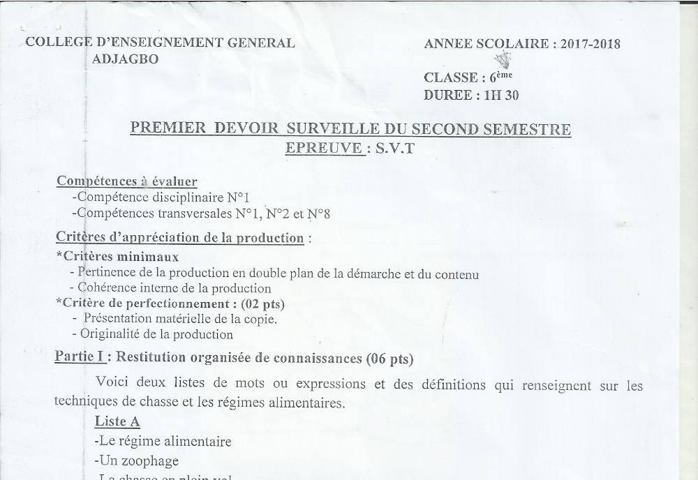 Aperçu de la première page — SVT 6e 1er Devoir 2ème Semestre CEG Adjagbo 2018 2019
