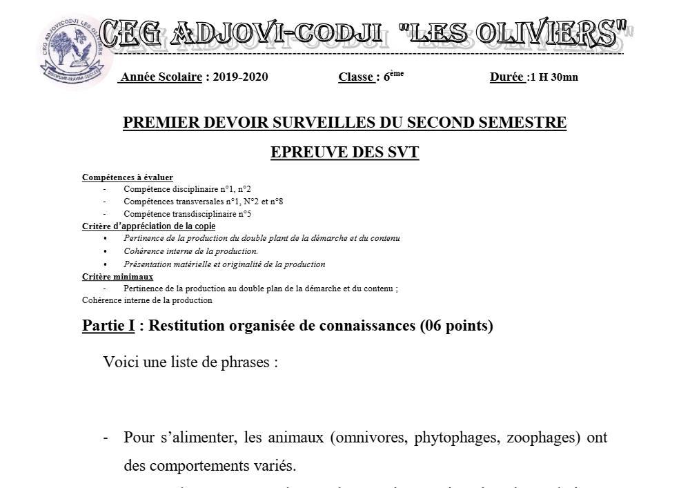 Aperçu de la première page — SVT 6e 1er Devoir 2ème Semestre CEG Adjovi Codji 2019 2020