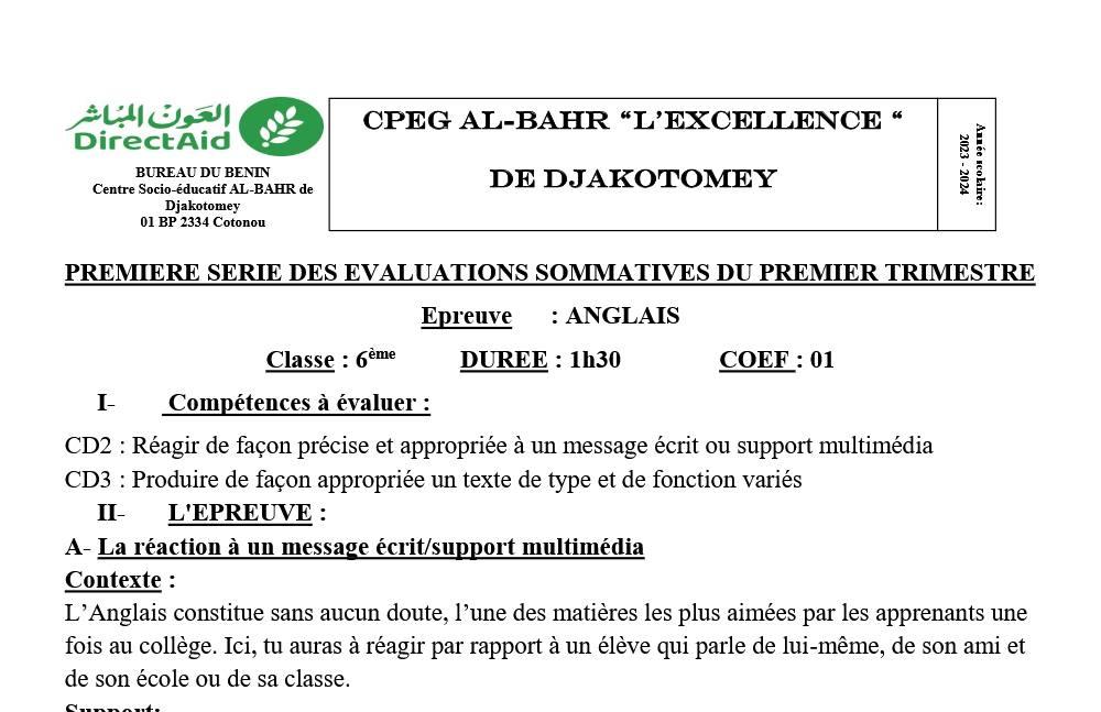 Aperçu de la première page — Evaluation sommatives, Anglais, CPEG AL-BAHR “L’EXCELLENCE “ de djakotomey