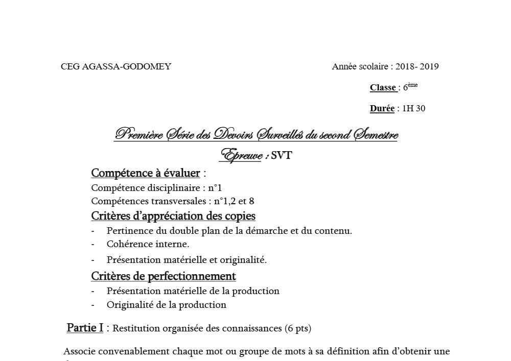 Aperçu de la première page — SVT 6e 1er Devoir 2ème Semestre CEG Agassa Godomey 2018 2019