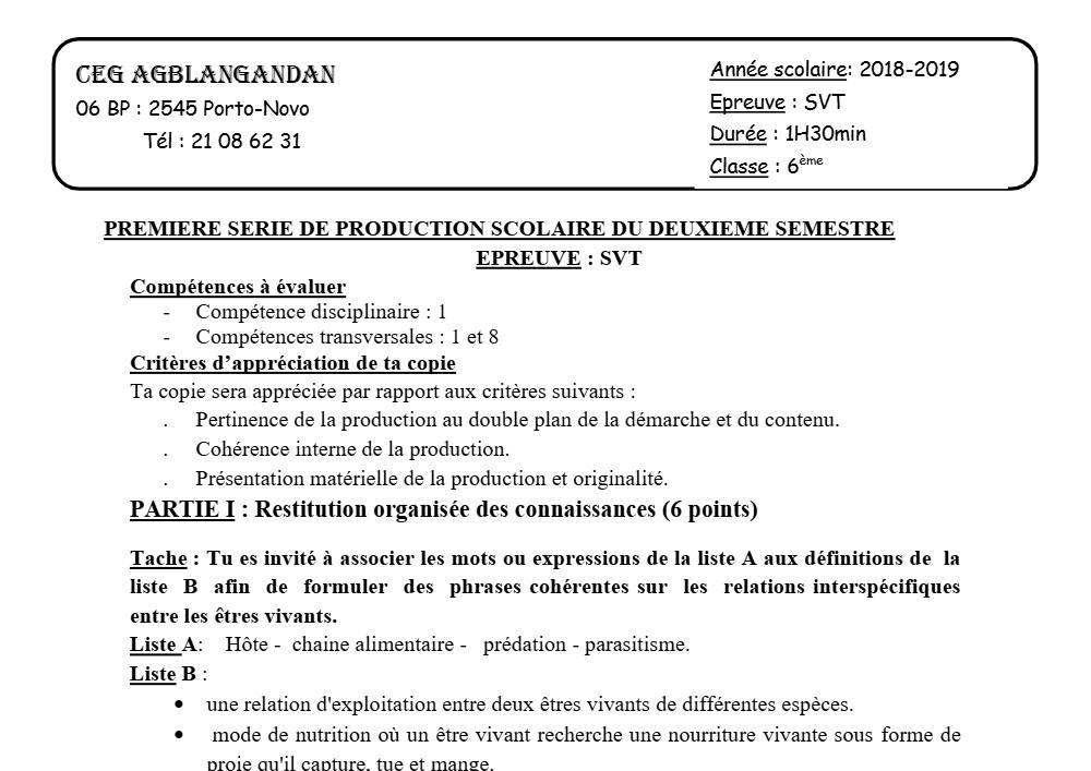Aperçu de la première page — SVT 6e 1er Devoir 2ème Semestre CEG Agblangandan 2018 2019