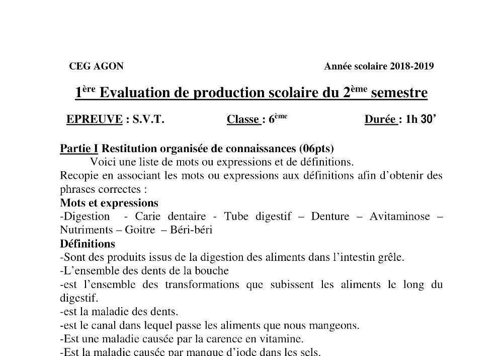 Aperçu de la première page — SVT 6e 1er Devoir 2ème Semestre CEG Agon 2018 2019