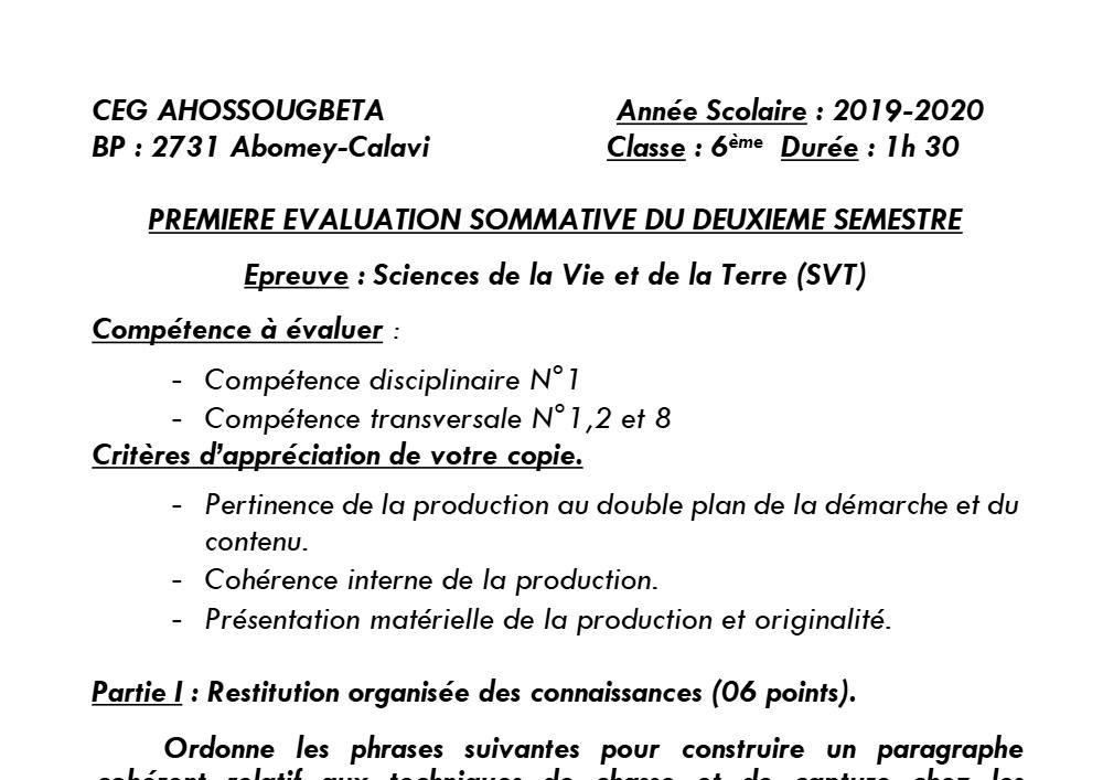 Aperçu de la première page — SVT 6e 1er Devoir 2ème Semestre CEG Ahossougbéta 2019 2020