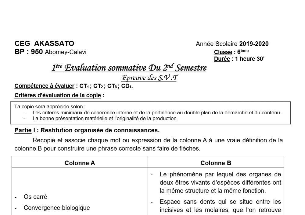 Aperçu de la première page — SVT 6e 1er Devoir 2ème Semestre CEG Akassato 2019 2020