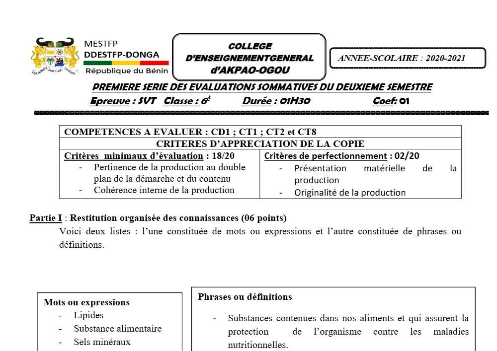 Aperçu de la première page — SVT 6e 1er Devoir 2ème Semestre CEG Akpao Ogou 2020 2021