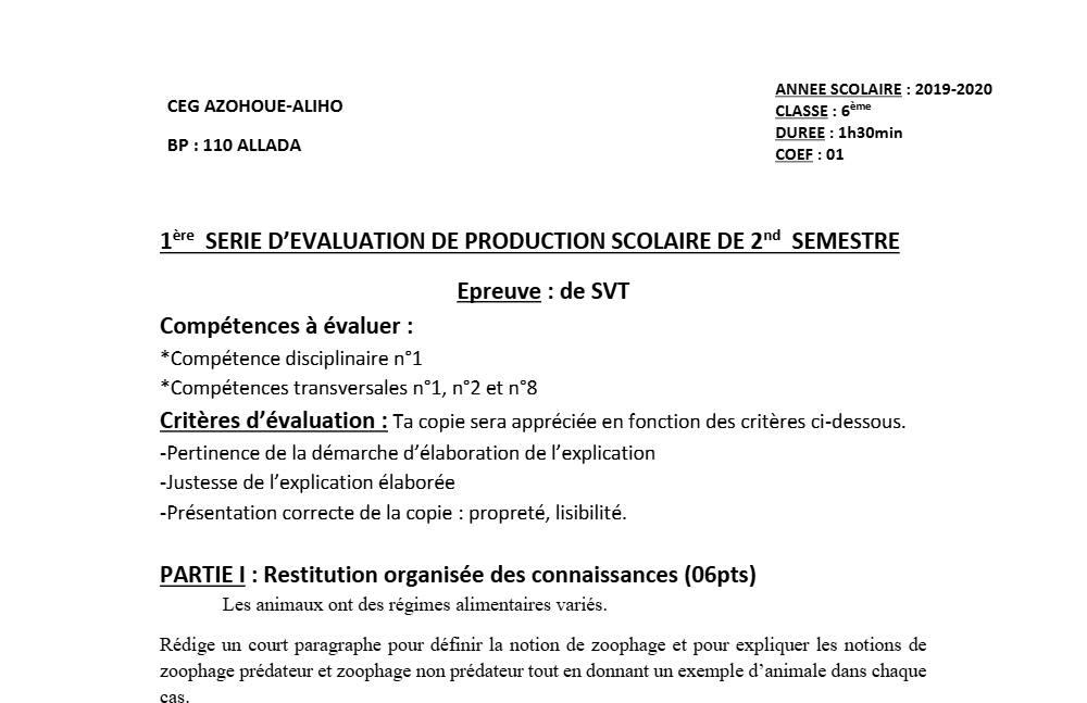Aperçu de la première page — SVT 6e 1er Devoir 2ème Semestre CEG Azohoue Aliho 2019 2020