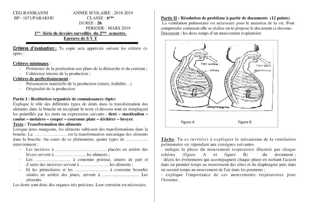 Aperçu de la première page — SVT 6e 1er Devoir 2ème Semestre CEG Banikanni 2018 2019
