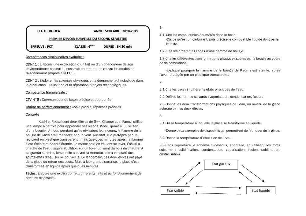 Aperçu de la première page — SVT 6e 1er Devoir 2ème Semestre CEG Bouca 2018 2019