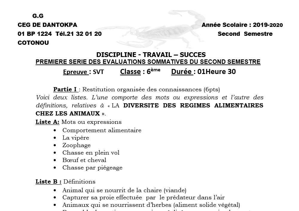 Aperçu de la première page — SVT 6e 1er Devoir 2ème Semestre CEG Dantokpa 2019 2020
