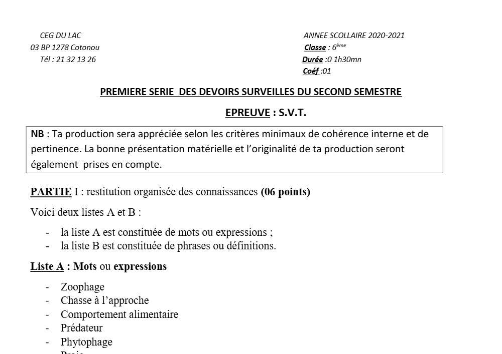 Aperçu de la première page — SVT 6e 1er Devoir 2ème Semestre CEG du Lac 2020 2021