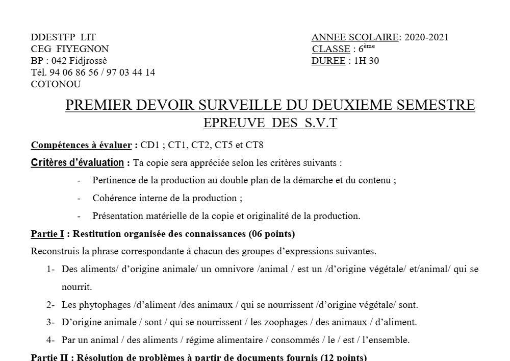 Aperçu de la première page — SVT 6e 1er Devoir 2ème Semestre CEG Fiyegnon 2020 2021