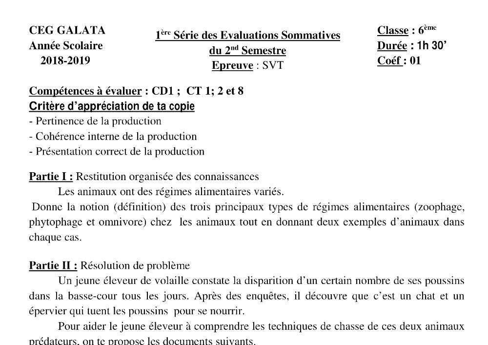 Aperçu de la première page — SVT 6e 1er Devoir 2ème Semestre CEG Galata 2018 2019