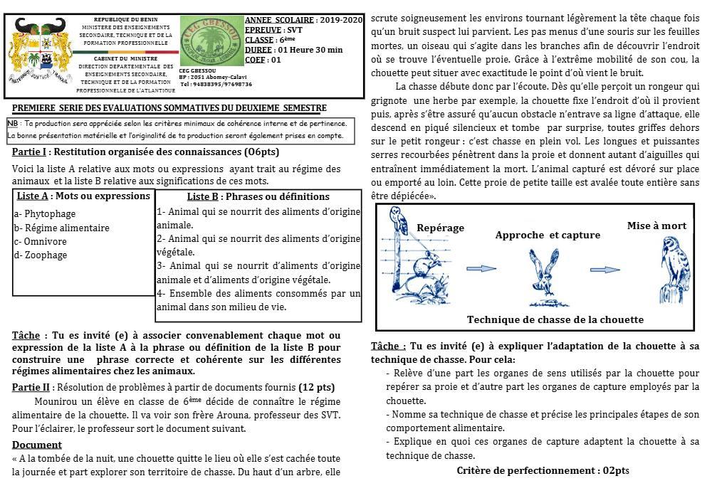 Aperçu de la première page — SVT 6e 1er Devoir 2ème Semestre CEG Gbessou 2019 2020