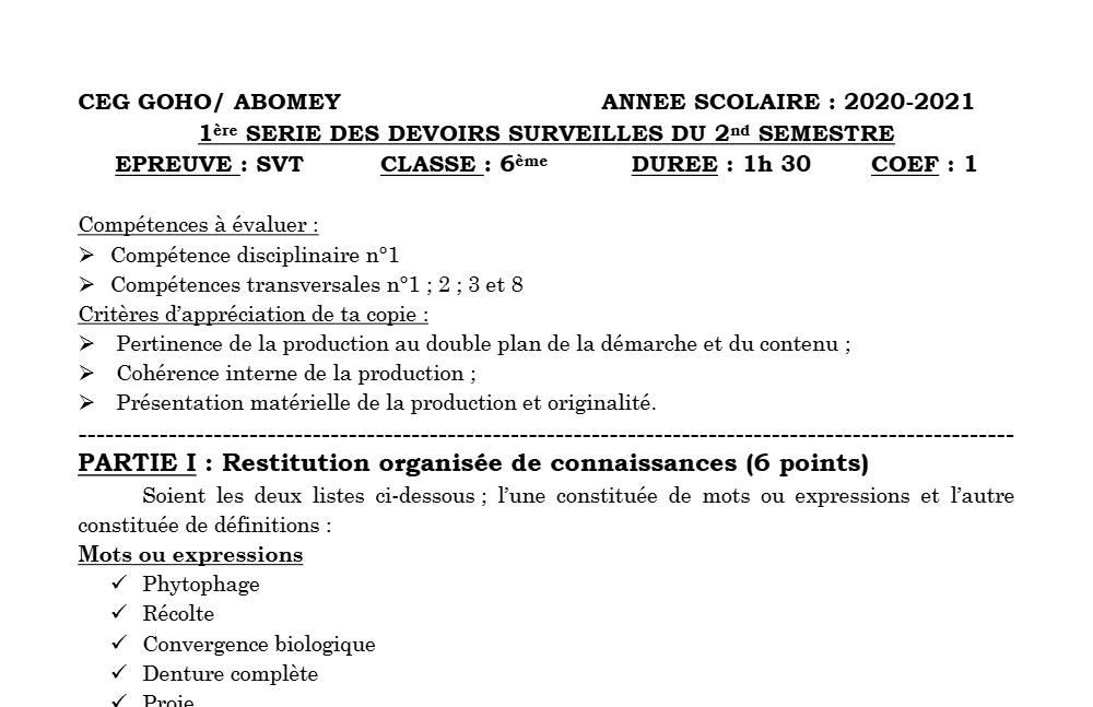 Aperçu de la première page — SVT 6e 1er Devoir 2ème Semestre CEG Goho 2020 2021