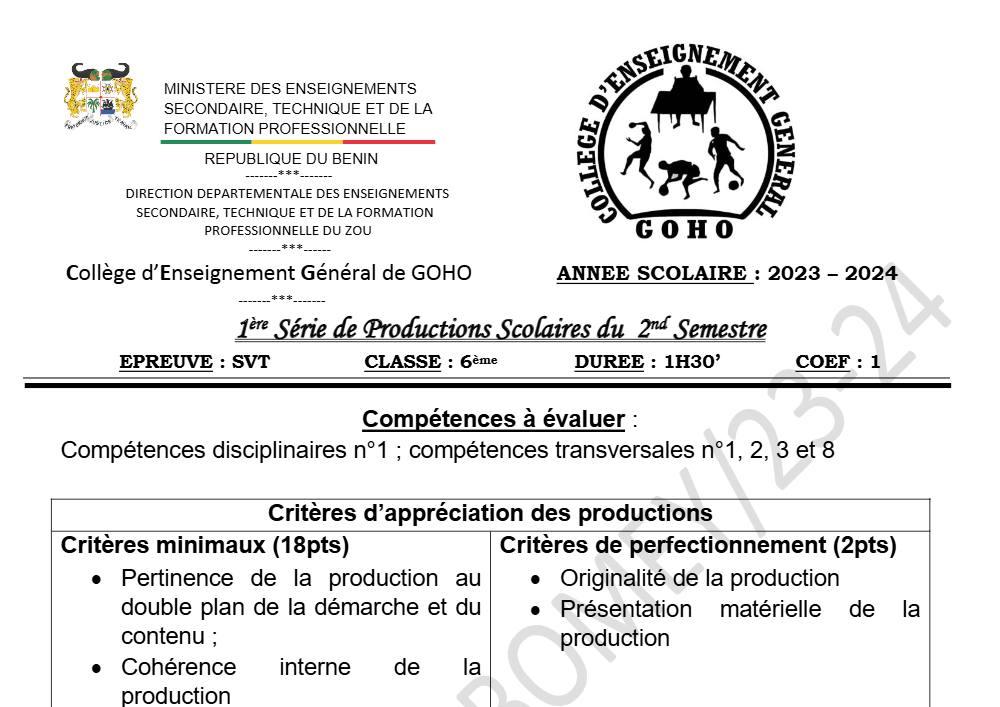 Aperçu de la première page — SVT 6e 1er Devoir 2ème Semestre CEG Goho 2023 2024