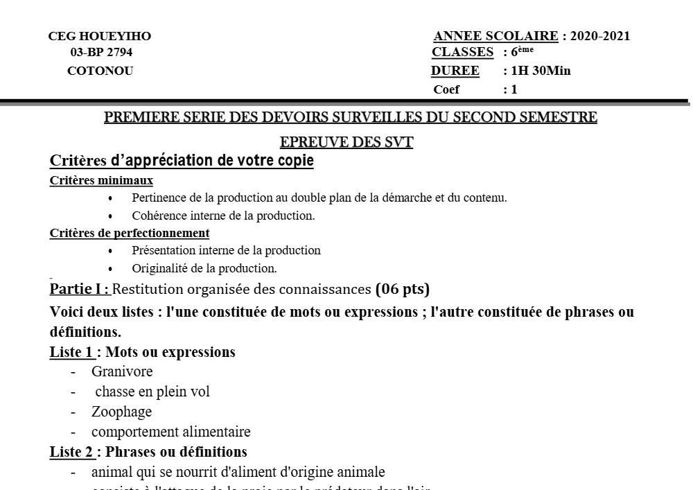 Aperçu de la première page — SVT 6e 1er Devoir 2ème Semestre CEG Houéyiho 2020 2021