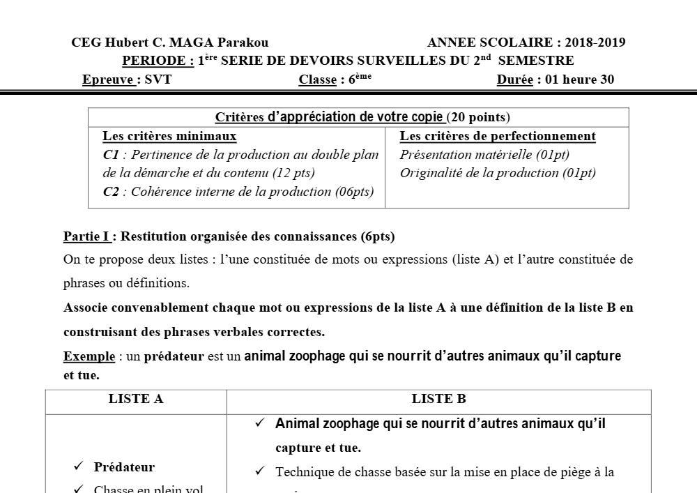 Aperçu de la première page — SVT 6e 1er Devoir 2ème Semestre CEG Hubert C Maga 2018 2019