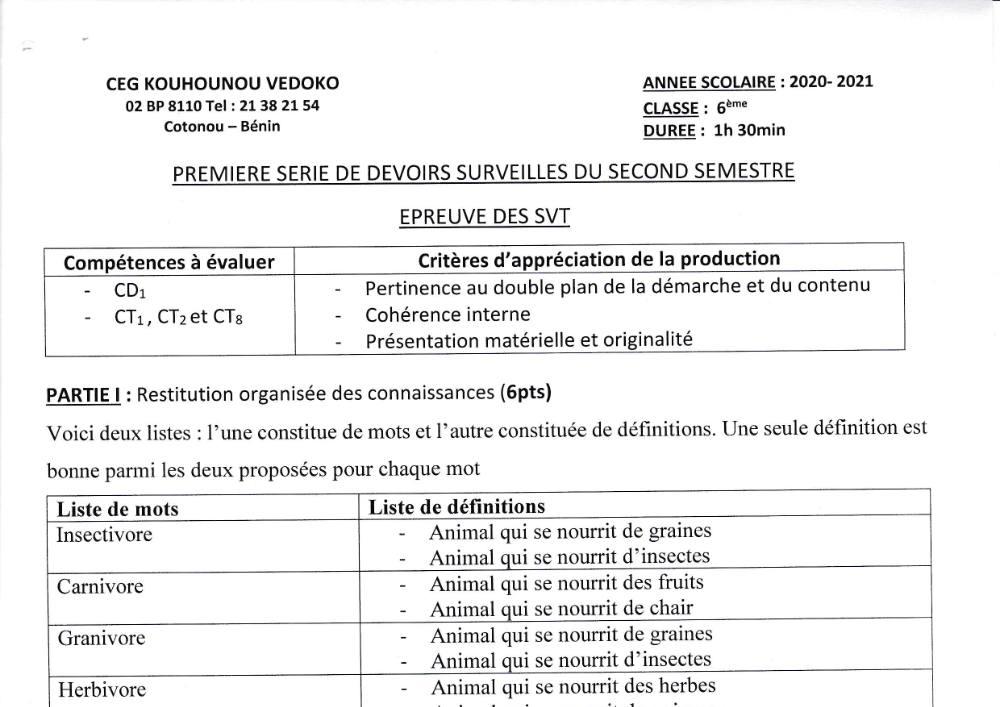 Aperçu de la première page — SVT 6e 1er Devoir 2ème Semestre CEG K Vedoko 2020 2021