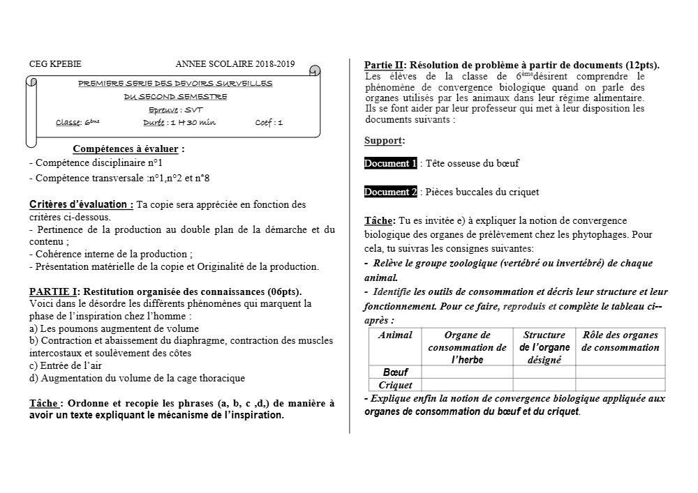 Aperçu de la première page — SVT 6e 1er Devoir 2ème Semestre CEG Kpebie 2018 2019