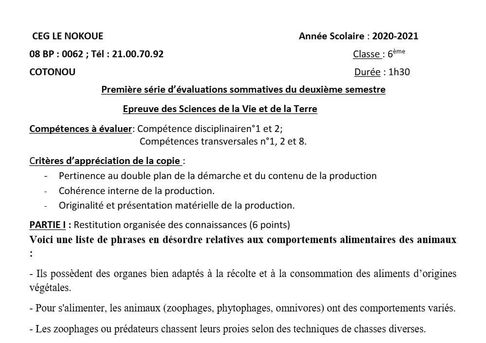 Aperçu de la première page — SVT 6e 1er Devoir 2ème Semestre CEG Le Nokoué 2020 2021