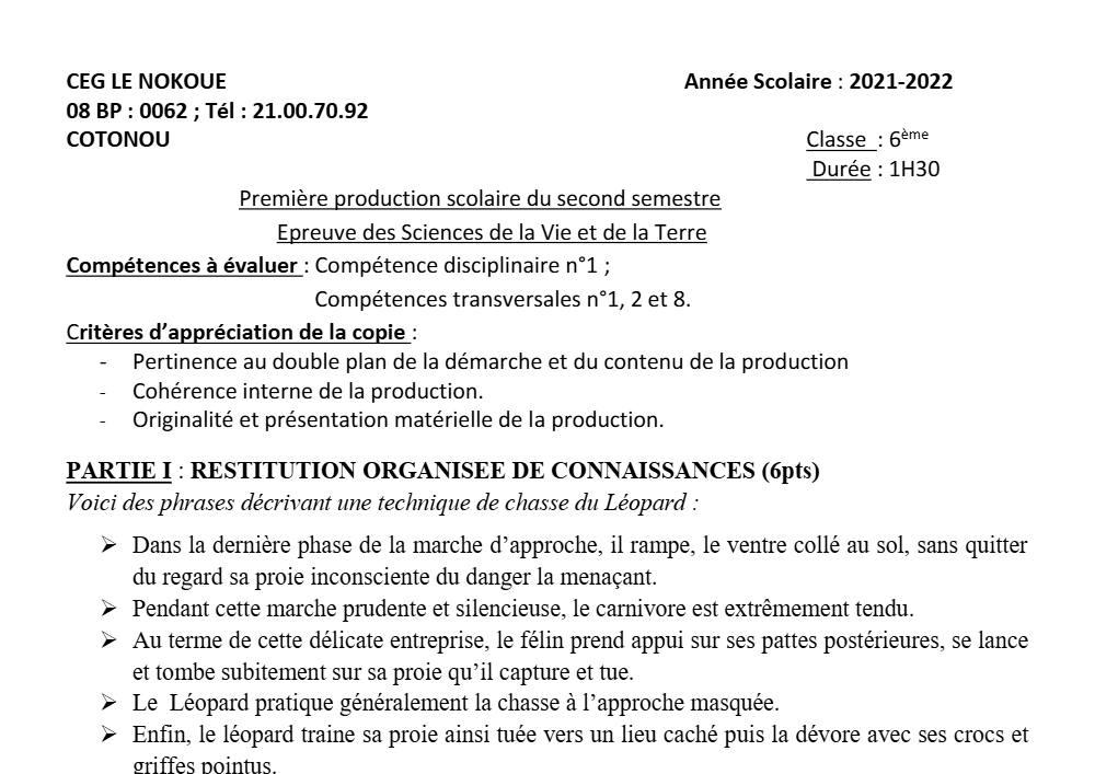 Aperçu de la première page — SVT 6e 1er Devoir 2ème Semestre CEG Le Nokoué 2021 2022