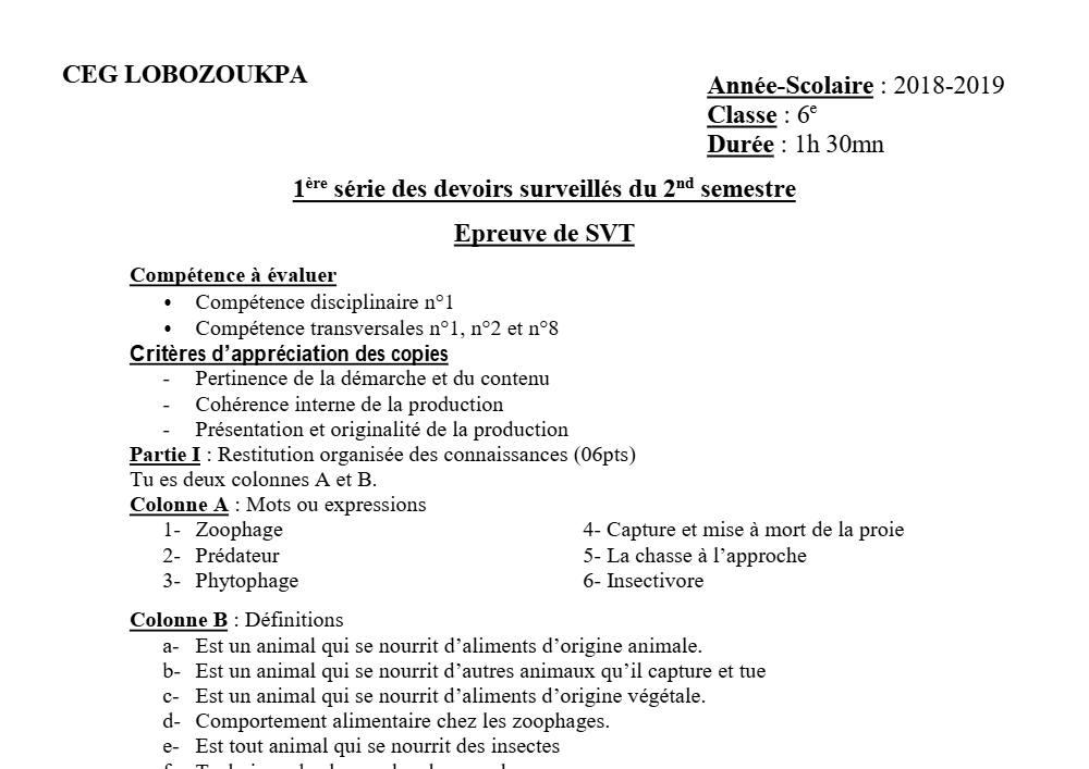 Aperçu de la première page — SVT 6e 1er Devoir 2ème Semestre CEG Lobozounkpa 2018 2019