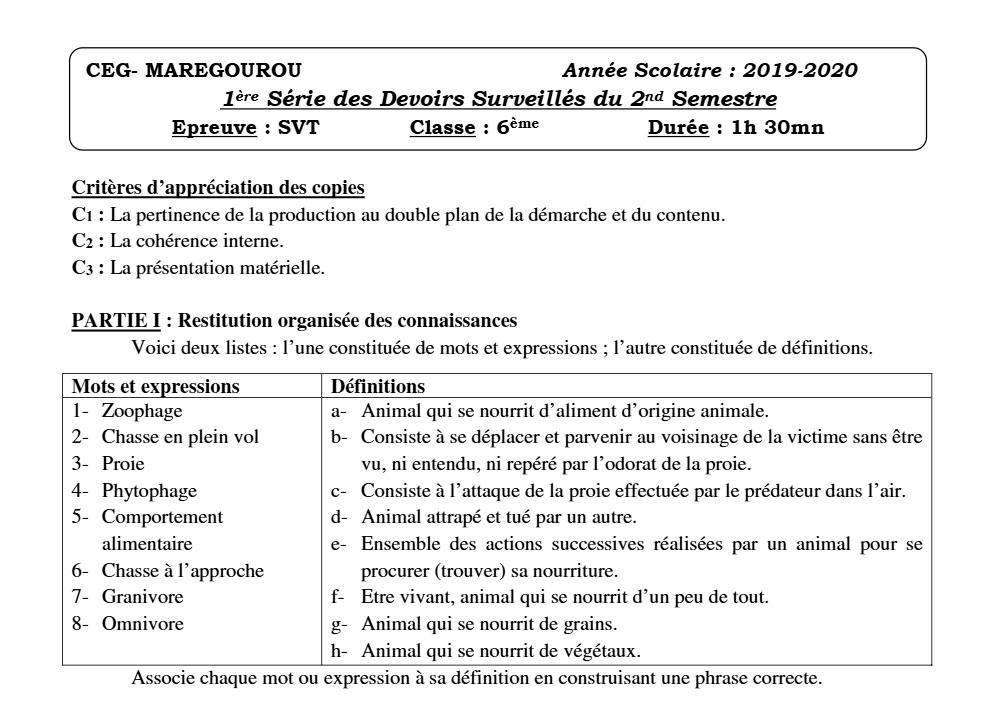 Aperçu de la première page — SVT 6e 1er Devoir 2ème Semestre CEG Maregourou 2019 2020