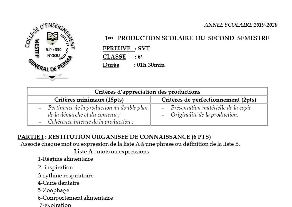 Aperçu de la première page — SVT 6e 1er Devoir 2ème Semestre CEG Perma 2019 2020