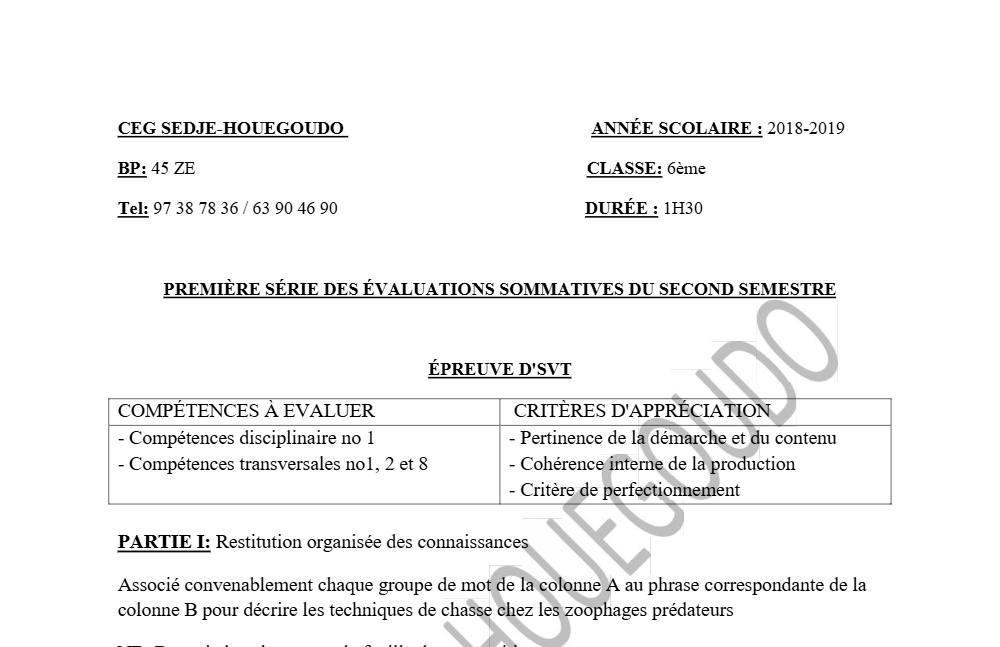 Aperçu de la première page — SVT 6e 1er Devoir 2ème Semestre CEG Sedje Houegoudo 2018 2019