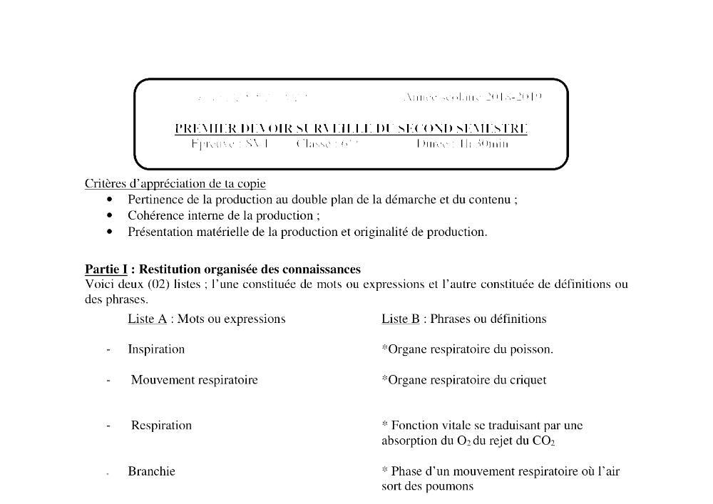 Aperçu de la première page — SVT 6e 1er Devoir 2ème Semestre CEG Sonnoumon 2018 2019